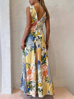 Aurohaya Casual Printed Sleeveless Large V-Neck Dress