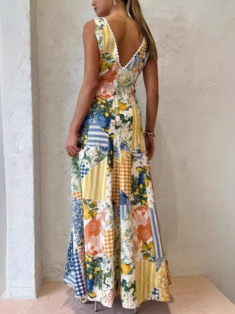 Aurohaya Casual Printed Sleeveless Large V-Neck Dress
