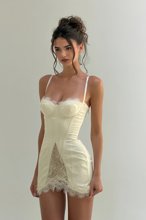 Aurohaya Juliette White Satin Mini Dress with Lace Panels