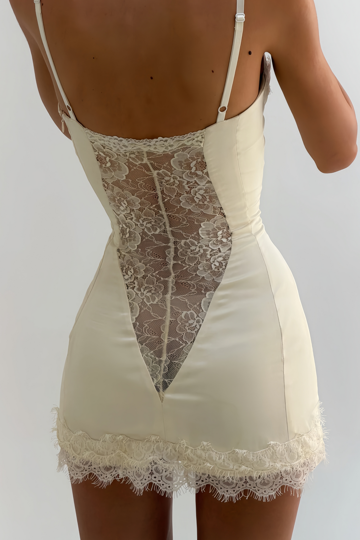 Aurohaya Juliette White Satin Mini Dress with Lace Panels