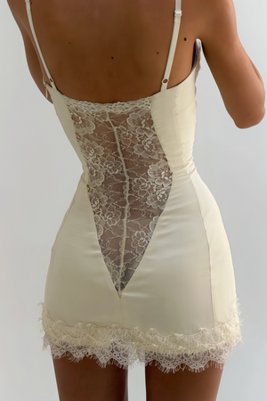 Aurohaya Juliette White Satin Mini Dress with Lace Panels