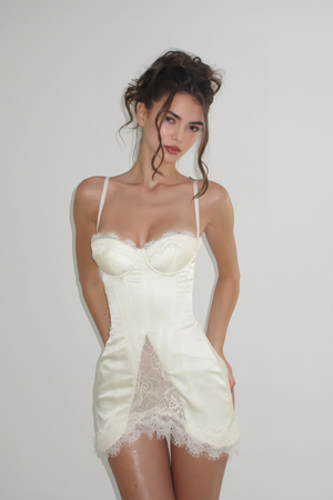 Aurohaya Juliette White Satin Mini Dress with Lace Panels