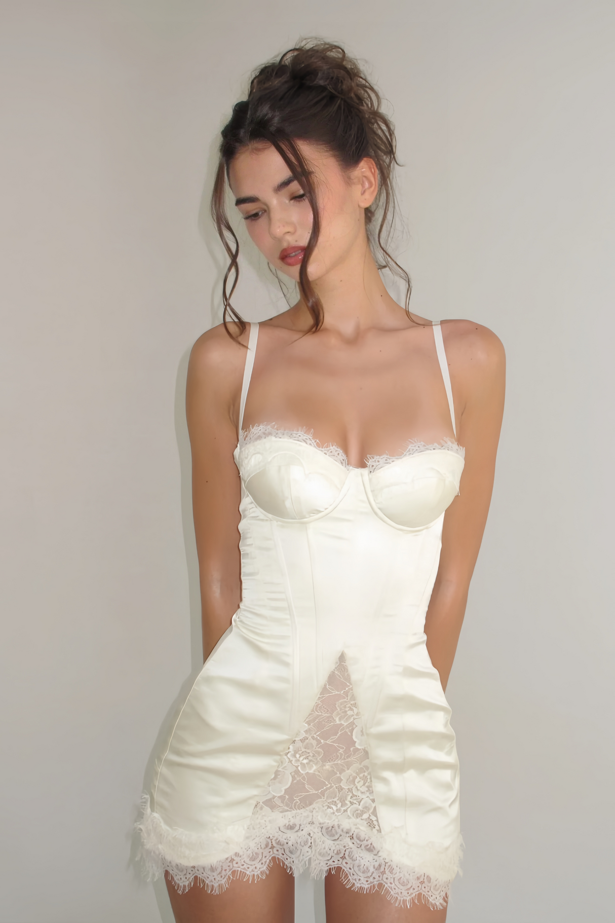 Aurohaya Juliette White Satin Mini Dress with Lace Panels