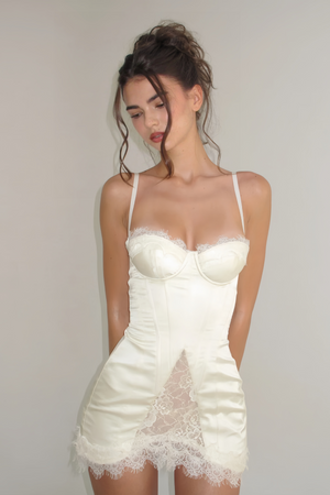 Aurohaya Juliette White Satin Mini Dress with Lace Panels
