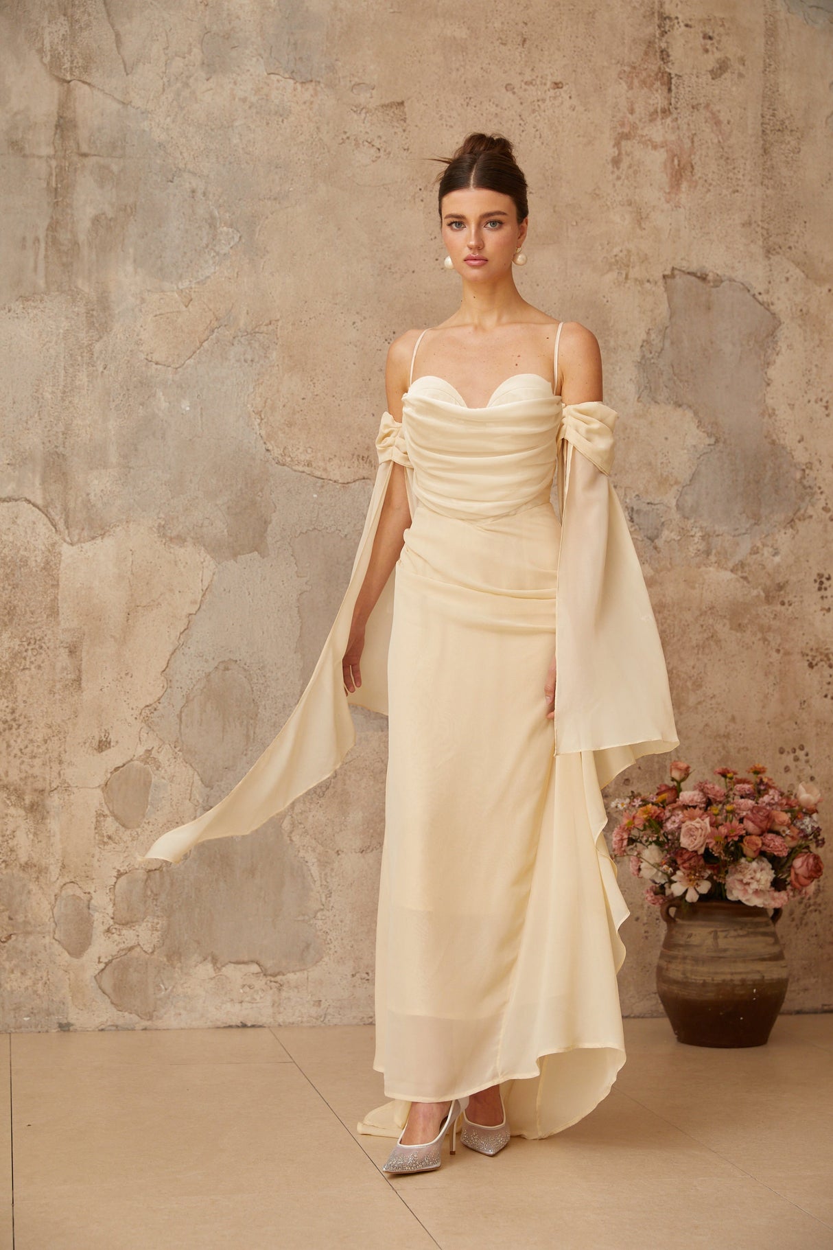 Aurohaya Mélusine Neutral Ruched Chiffon Maxi Dress