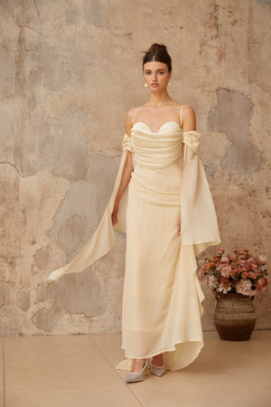 Aurohaya Mélusine Neutral Ruched Chiffon Maxi Dress