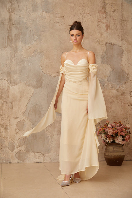 Aurohaya Mélusine Neutral Ruched Chiffon Maxi Dress