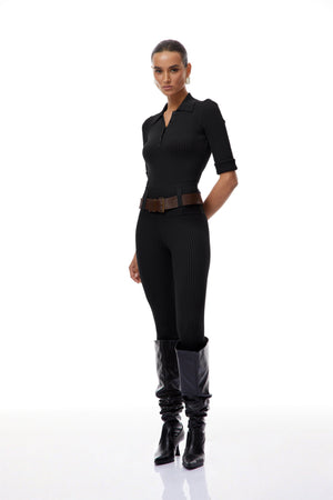 Aurohaya Claire Black Ribbed Knit Bodysuit & Trousers Set