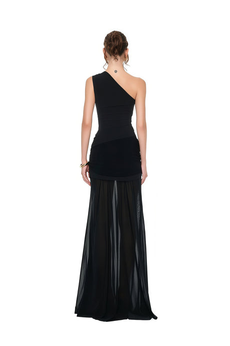 Aurohaya Tiziana Black One Shoulder Cut Out Maxi Dress