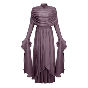 Aurohaya Gustave Purple Ruched Cape Ruffled Maxi Dress