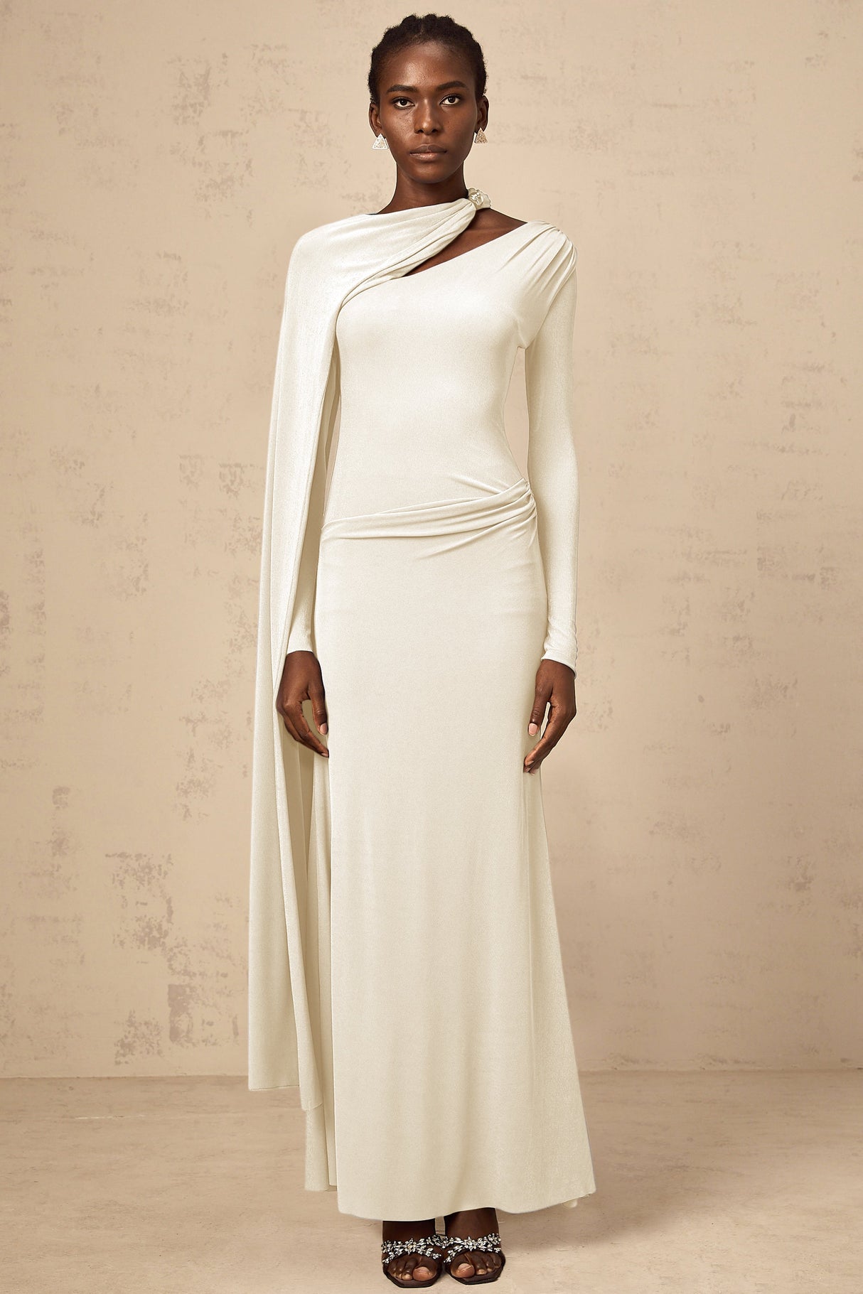 Aurohaya Josette White Diagonal Shawl Fitted Maxi Dress