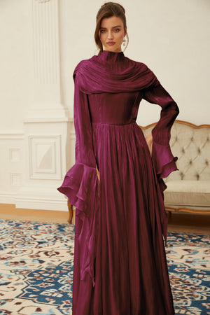 Aurohaya Danuta Burgundy Ruched Pleated Maxi Dress