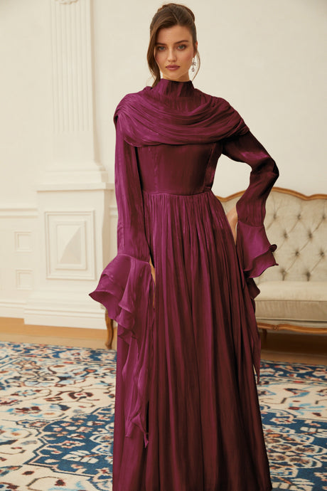 Aurohaya Danuta Burgundy Ruched Pleated Maxi Dress