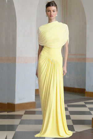 Aurohaya Catherine asymmetrical pleated maxi dress in Yellow