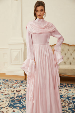 Aurohaya Danuta Pink Ruched Pleated Maxi Dress