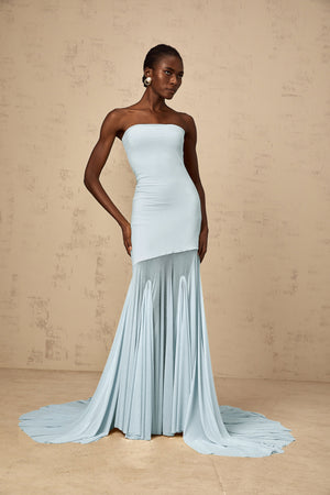 Aurohaya Josiane Blue Off-shoulder Sheer Tulle Maxi Dress