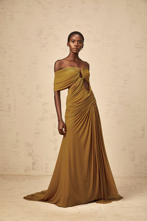 Aurohaya Ludivine ocher off-shoulder cut-out ruched maxi dress