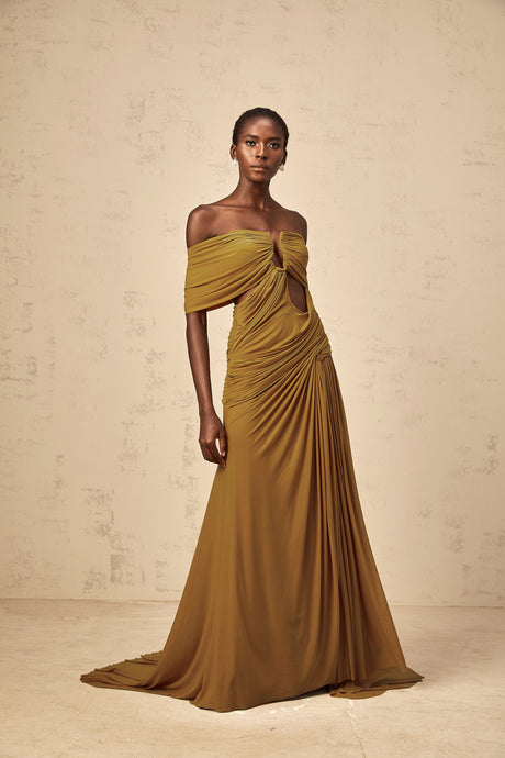 Aurohaya Ludivine ocher off-shoulder cut-out ruched maxi dress