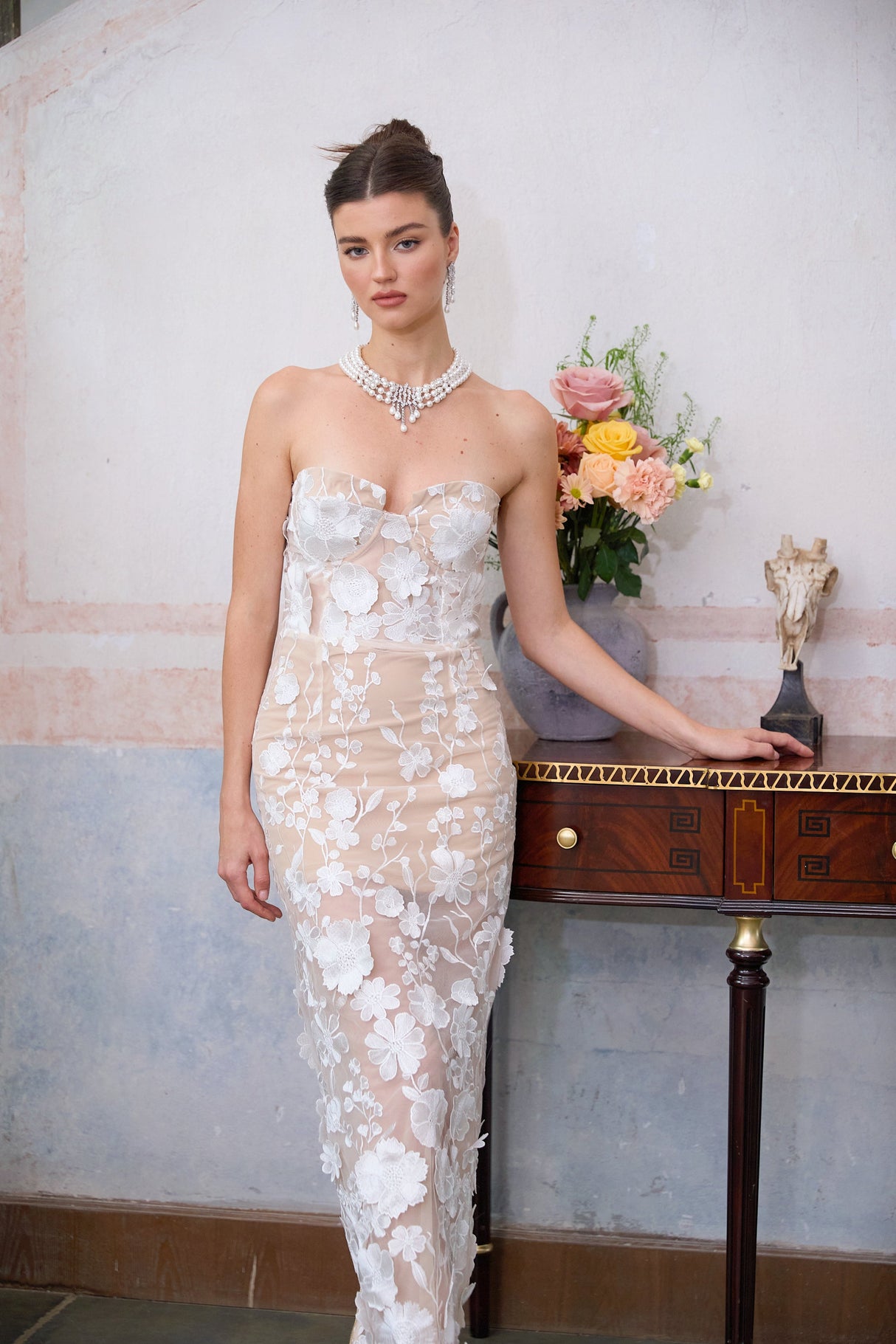 Aurohaya Brigitte White Floral Appliqué Corset Maxi Dress