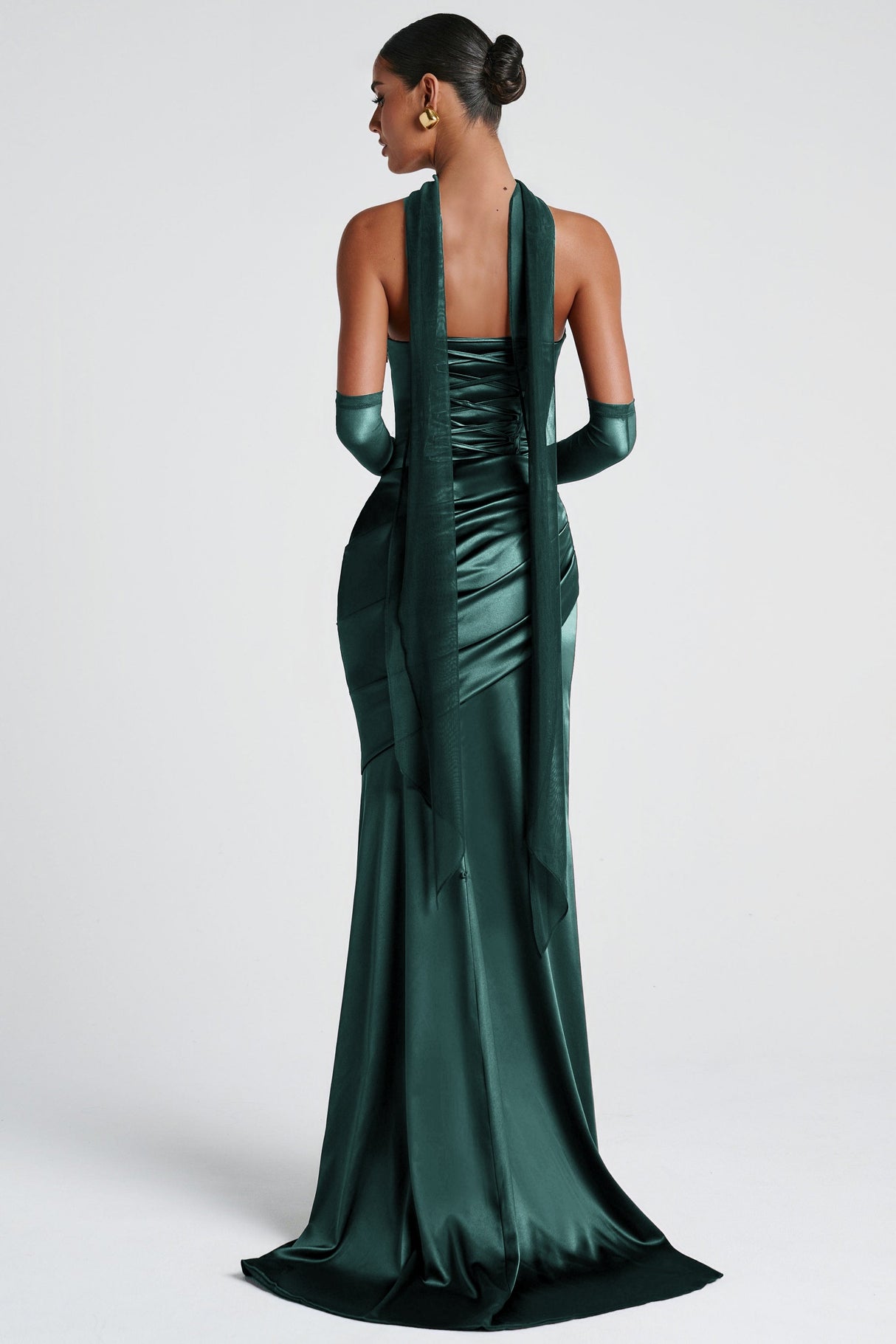 Aurohaya Marilou Green Ruched Satin Maxi Dress