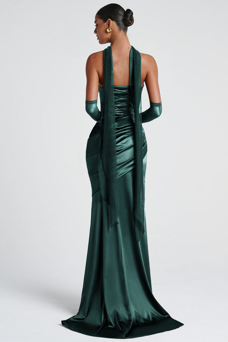 Aurohaya Marilou Green Ruched Satin Maxi Dress