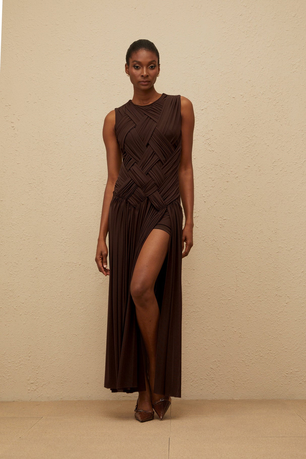 Aurohaya Daphné Brown Asymmetrical Braided Tulle Midi Dress