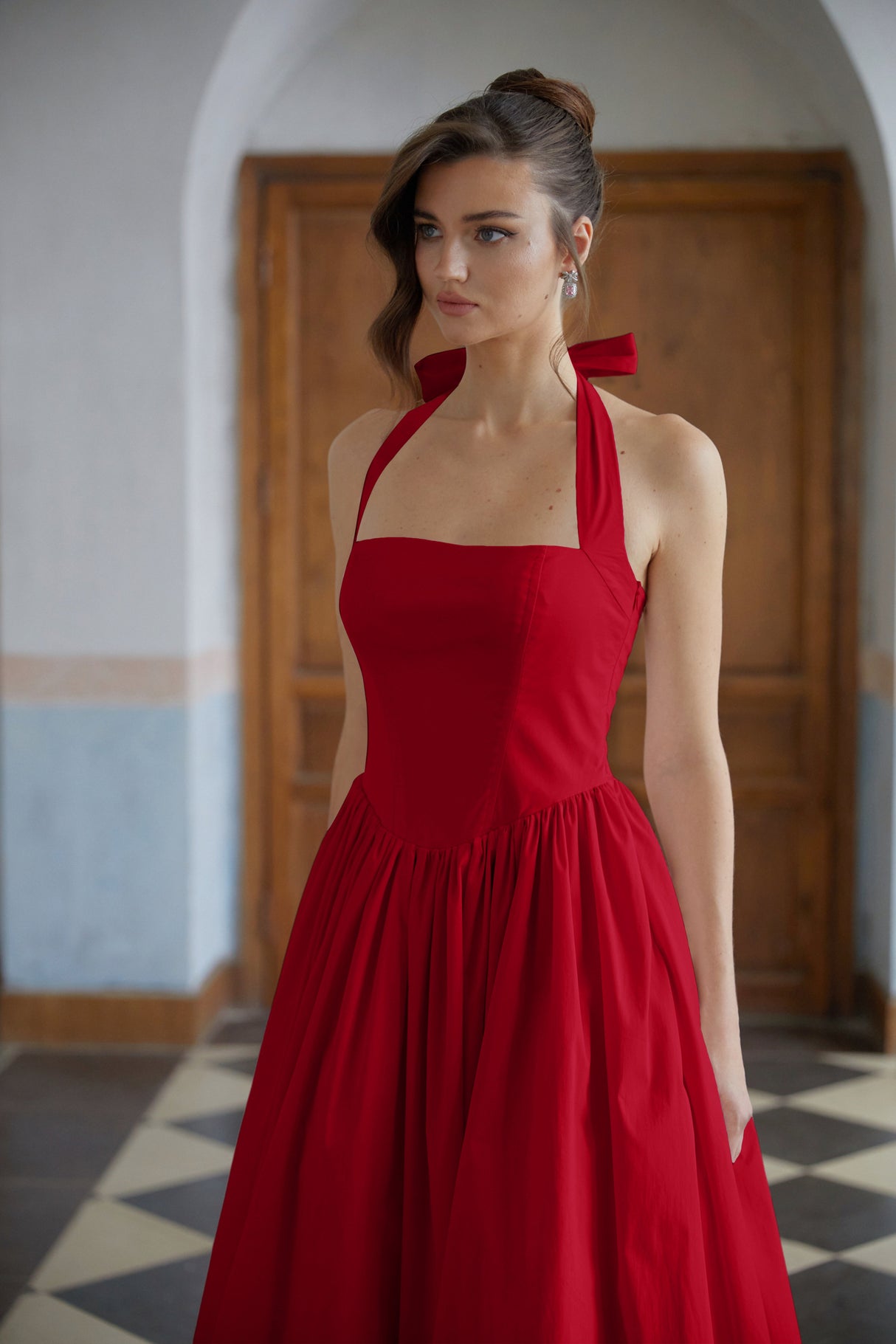 Aurohaya Eponine Red Layered Flared Hem Midi Dress