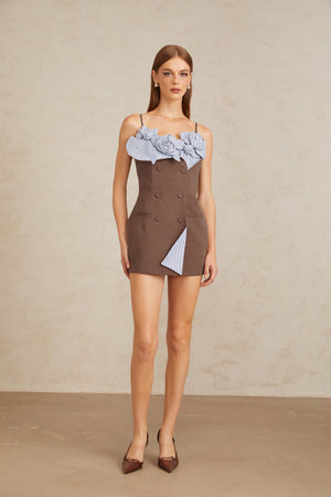 Aurohaya Johanna Brown Floral Panelled Mini Dress
