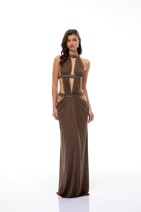 Aurohaya Maëlle Brown Cut-out Ruched Maxi Dress