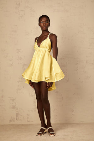 Aurohaya Quincie Yellow Shirred Flounced Mini Dress
