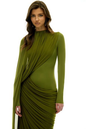 Aurohaya Emilia Green Asymmetrical Ribbon Draped Maxi Dress