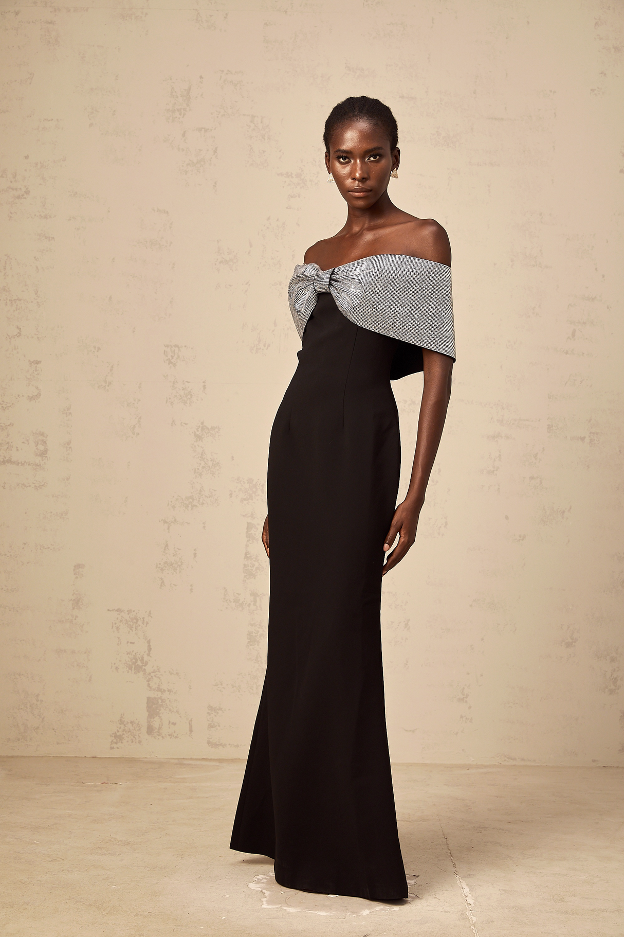 Aurohaya Chloé black rhinestone-bow off-shoulder maxi dress