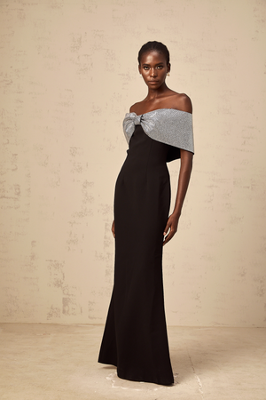 Aurohaya Chloé black rhinestone-bow off-shoulder maxi dress