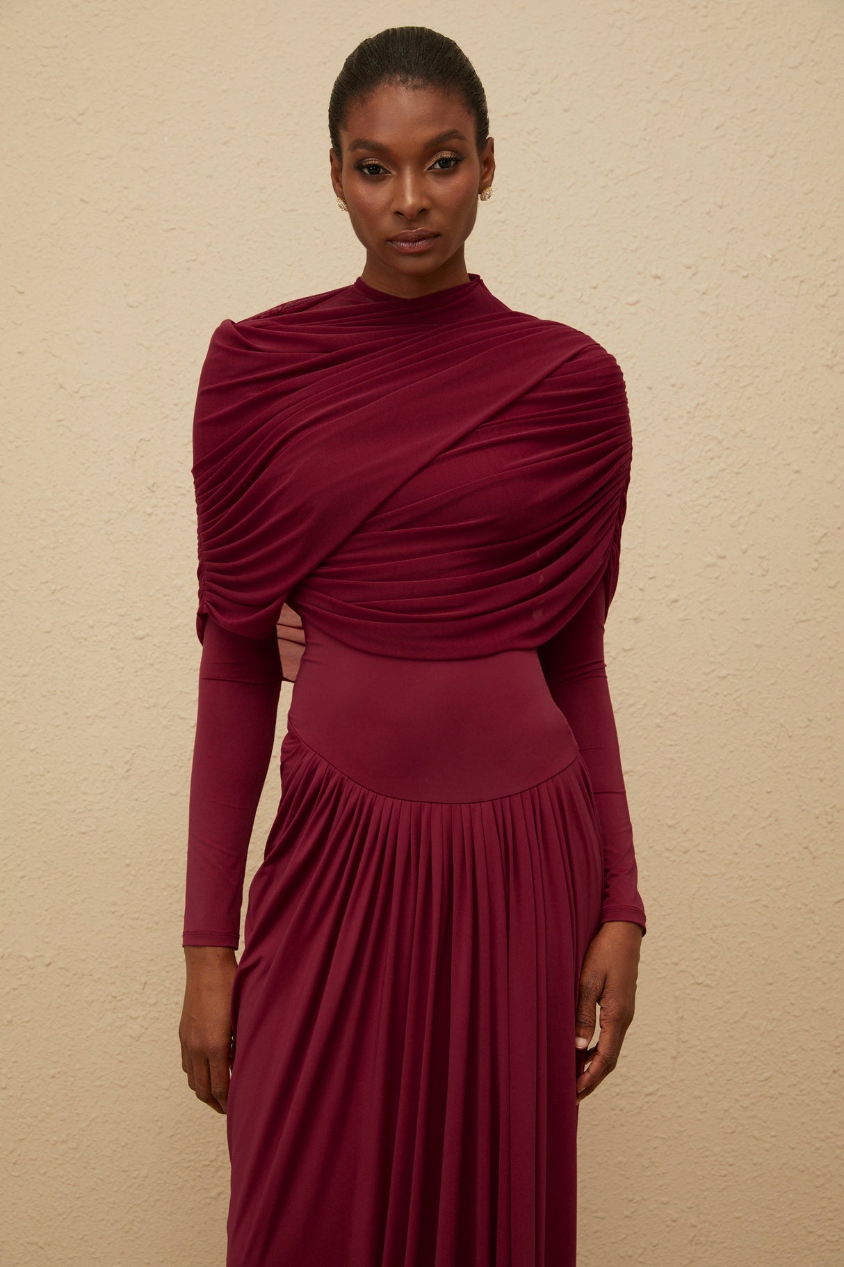 Aurohaya Catherine Red Asymmetrical Pleated Long-Sleeve Maxi Dress