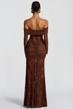 Aurohaya Brigitte Brown Lace Panel Ruched Maxi Dress
