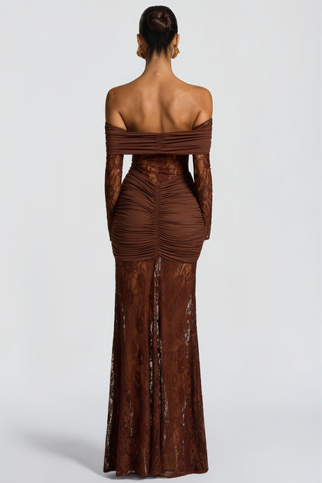 Aurohaya Brigitte Brown Lace Panel Ruched Maxi Dress