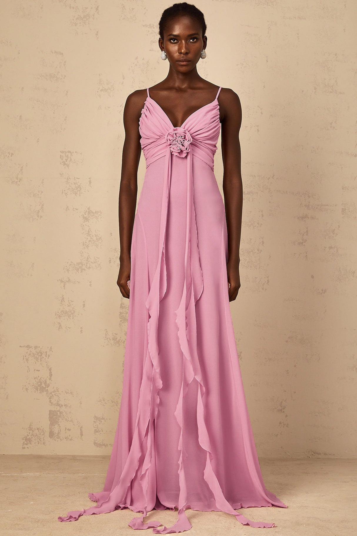 Aurohaya Ysandre Rose-Pink 3D Petal Tulle Maxi Dress