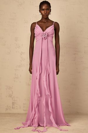 Aurohaya Ysandre Rose-Pink 3D Petal Tulle Maxi Dress