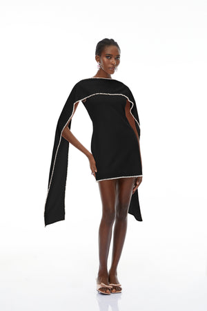 Aurohaya Piroska Black Sleeveless Pearl Trim Mini Dress