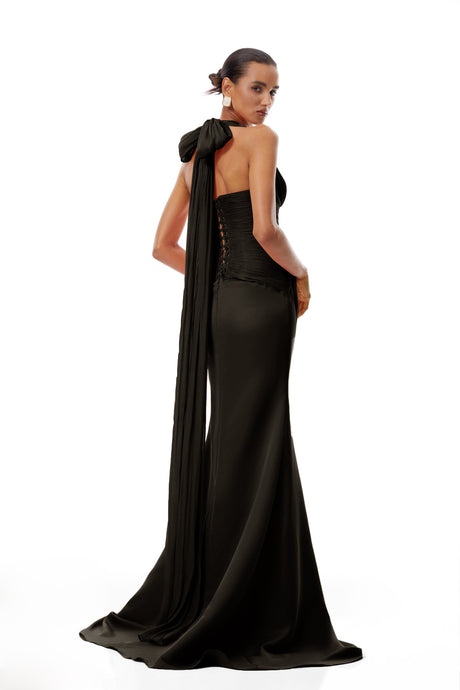 Aurohaya Emmeline Black Train Design Gathered Maxi Dress