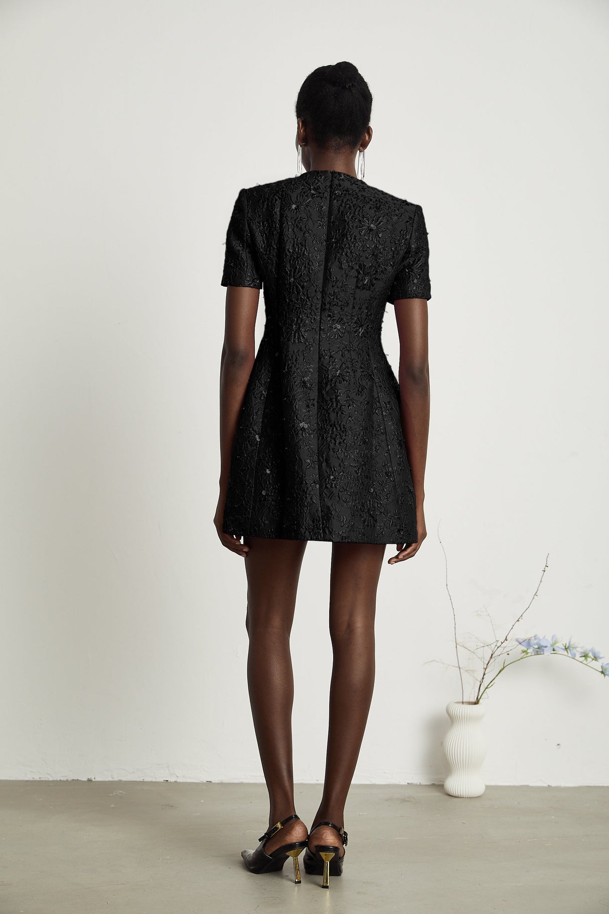 Aurohaya Celestia Floral-Appliqué Embellished Mini Dress in Black