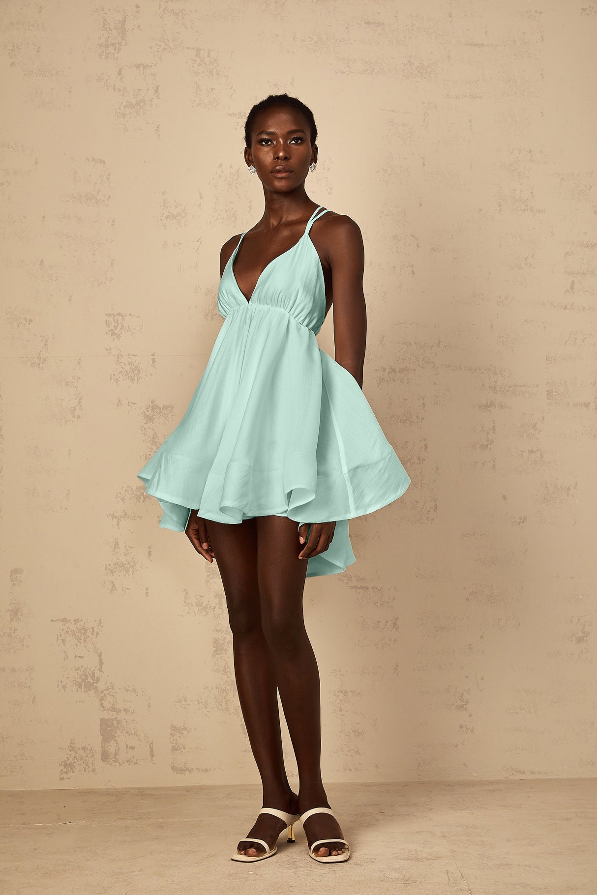 Aurohaya Quincie Green Shirred Flounced Mini Dress