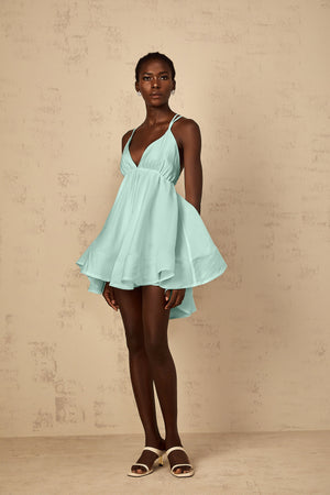 Aurohaya Quincie Green Shirred Flounced Mini Dress