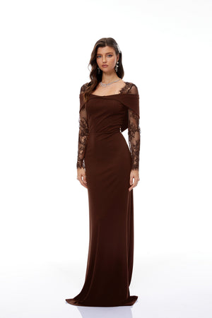 Aurohaya Georgiana Brown Lace Panel Flared Maxi Gown