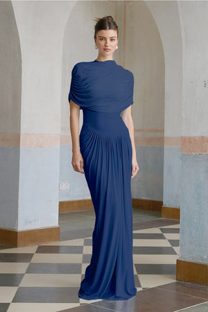 Aurohaya Catherine asymmetrical pleated maxi dress in Navy-blue