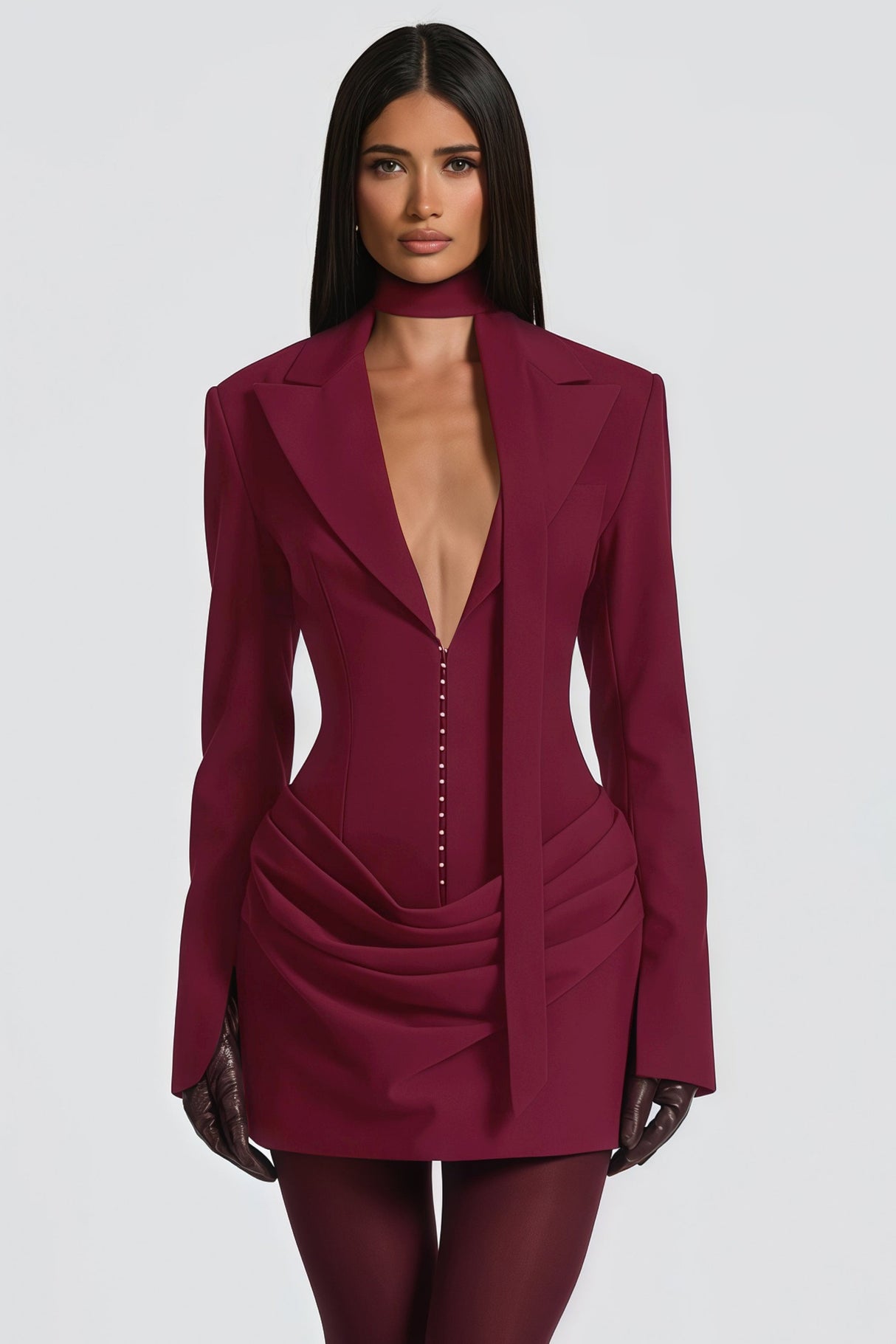Aurohaya Rosette Burgundy Ruched Blazer Mini Dress
