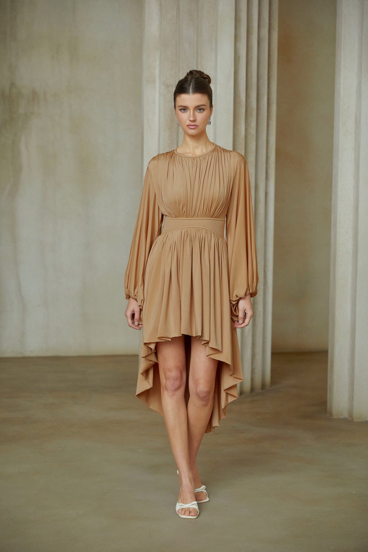 Aurohaya Kenza Pink Asymmetrical Pleated Midi Dress