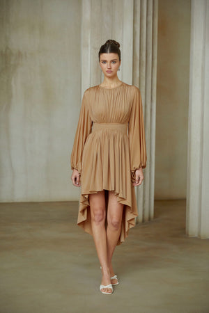 Aurohaya Kenza Pink Asymmetrical Pleated Midi Dress