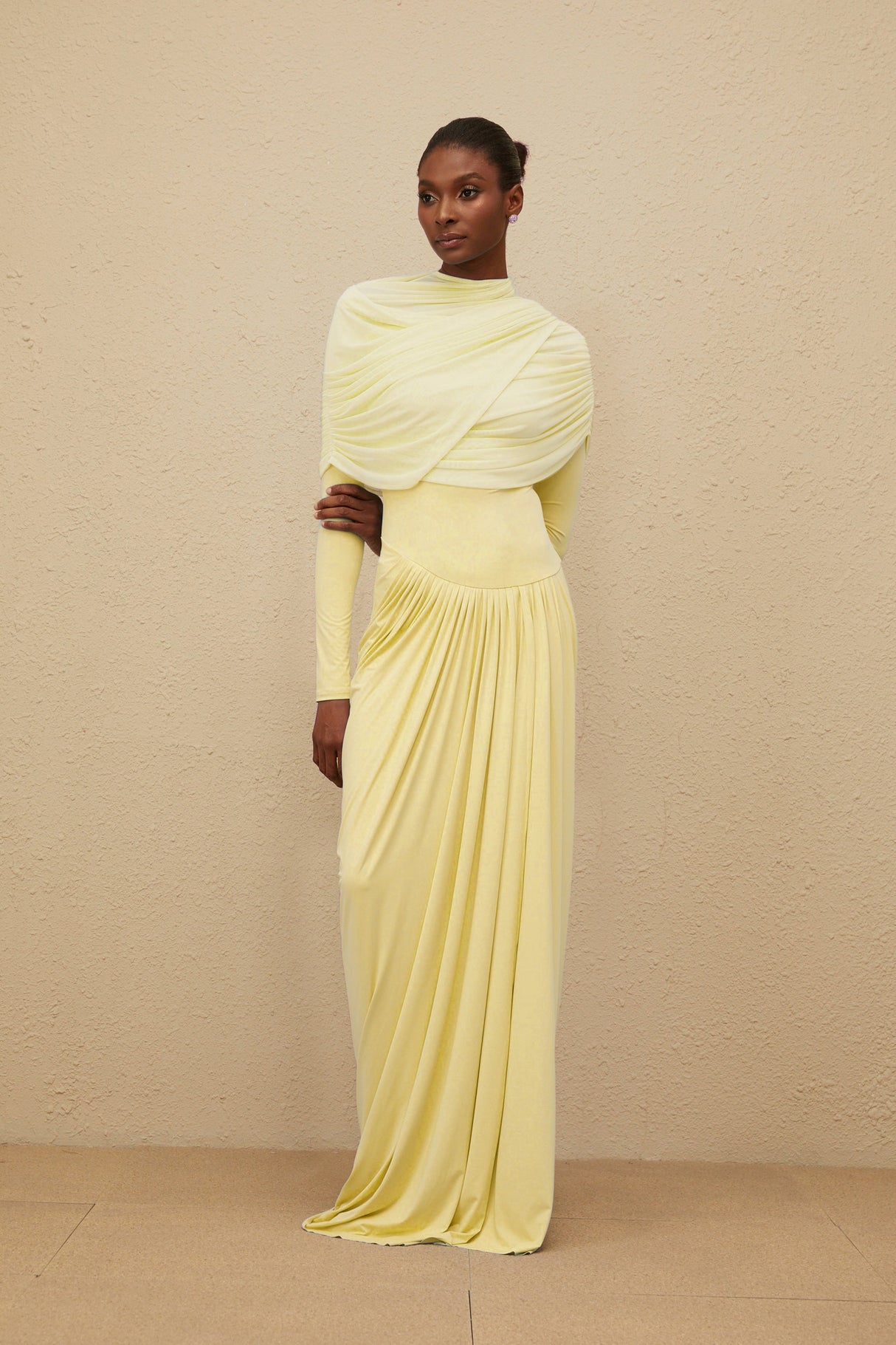 Aurohaya Catherine Yellow Asymmetrical Pleated Long-Sleeve Maxi Dress