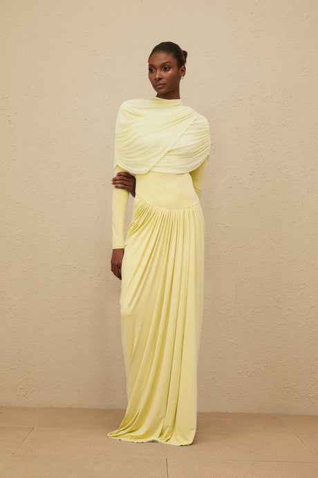 Aurohaya Catherine Yellow Asymmetrical Pleated Long-Sleeve Maxi Dress